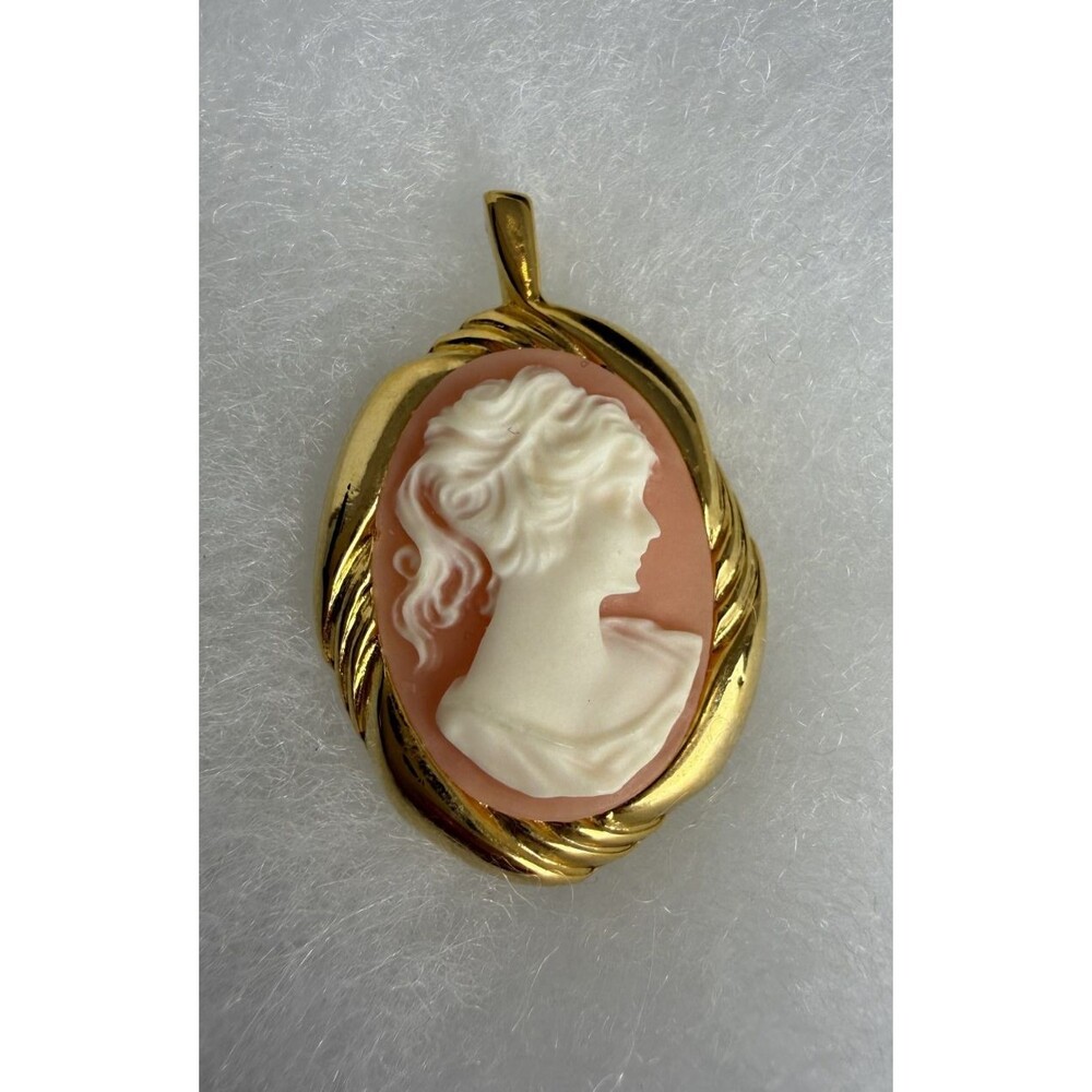 Vintage Pink White Lady Cameo Pendant Gold Tone Frame